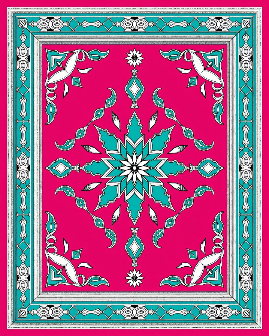 Vibrant Pink Turquoise Floral Border Rug