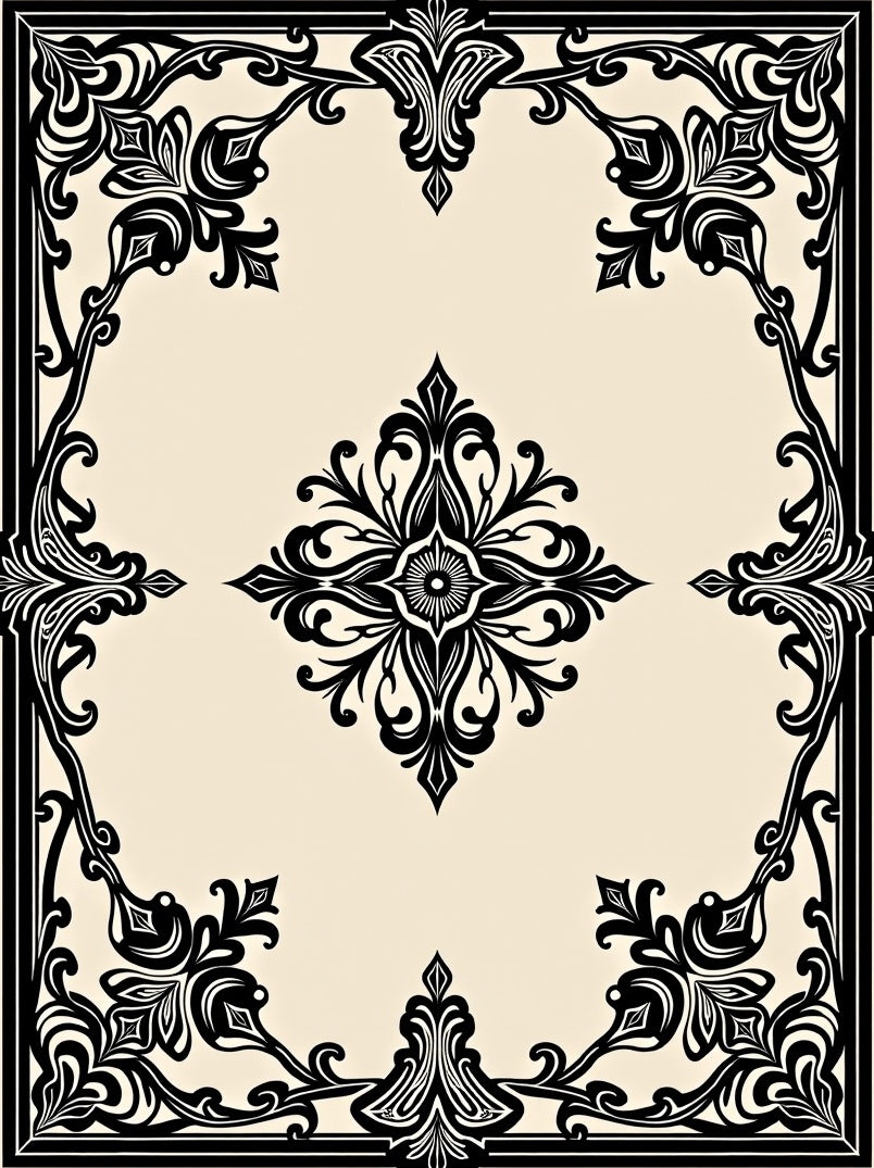 Ornate Black Floral Centerpiece Ivory Border Rug