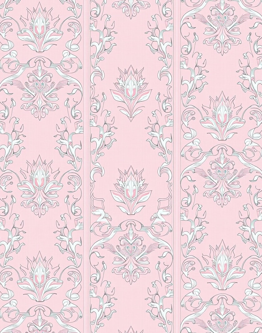 Ornate Pink Floral Damask Rug