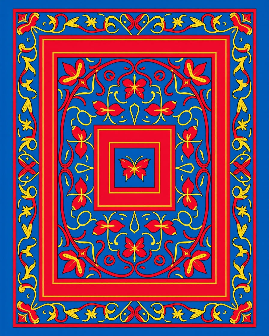 Vibrant Red Floral Butterfly Court Rug