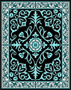 Black Aqua Floral Border Medallion Rug