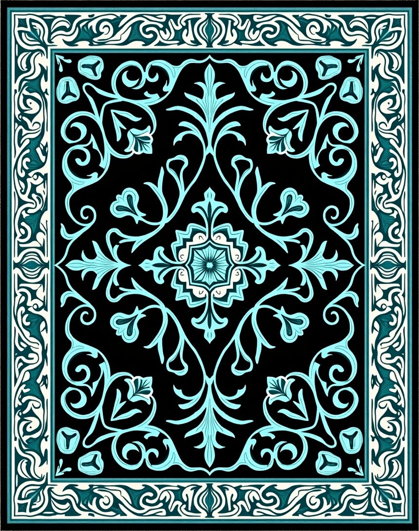Black Aqua Floral Border Medallion Rug