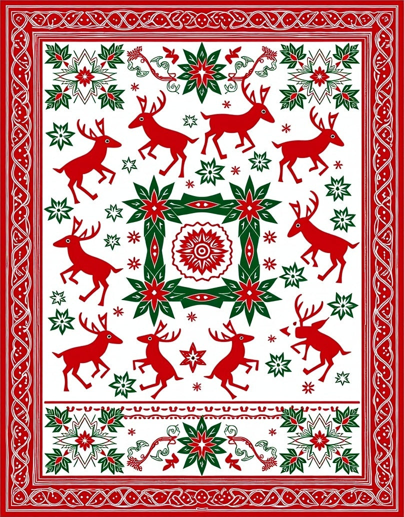 Red Green Reindeer Poinsettia Medallion Rug