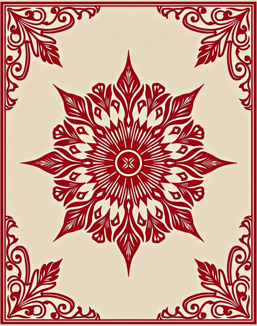 Crimson Floral Mandala Corner Frame Rug