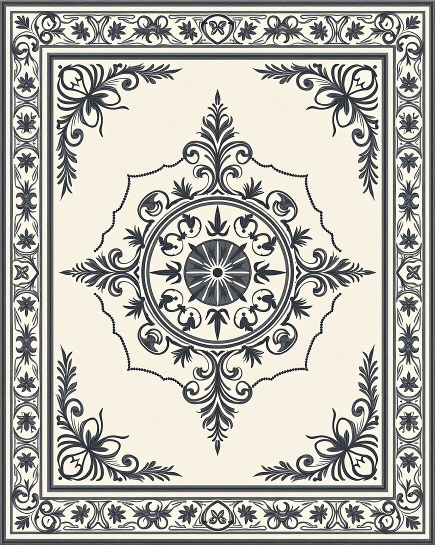 Dark Gray Scrollwork Medallion Cream Rug