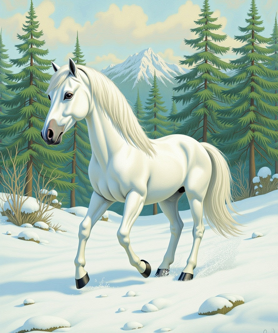 Majestic White Horse Winter Forest Scene Rug
