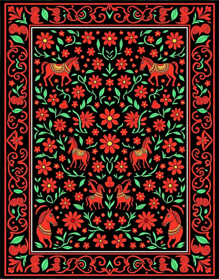 Red Horses Floral Border Rug