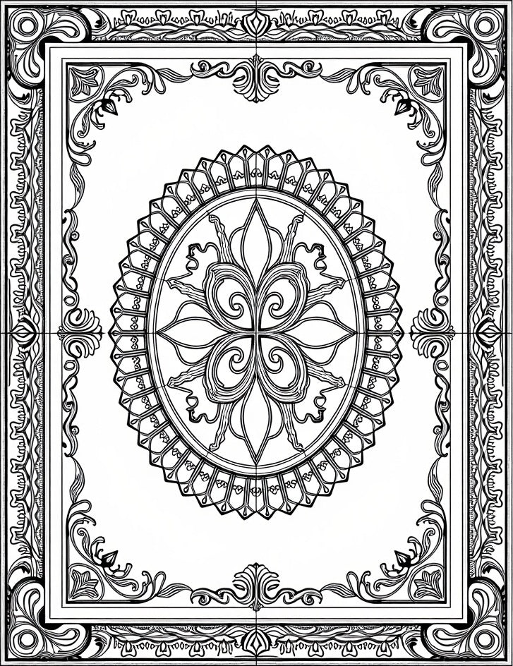 Ornate Black White Medallion Border Rug