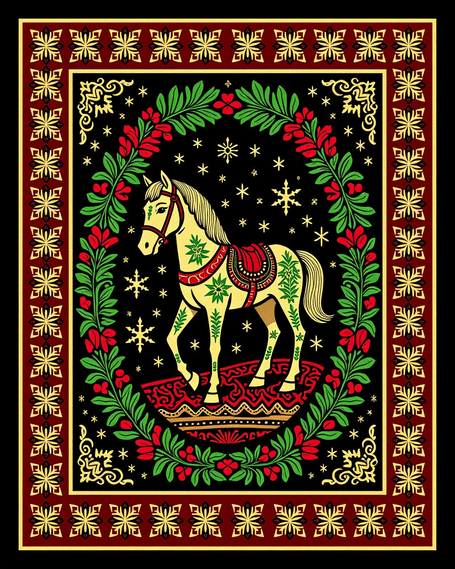 Golden Horse Floral Wreath Festive Rug