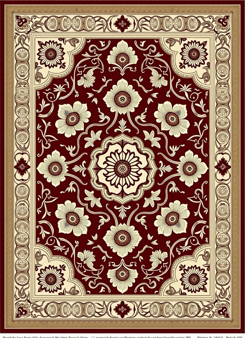 Crimson Cream Floral Border Rug