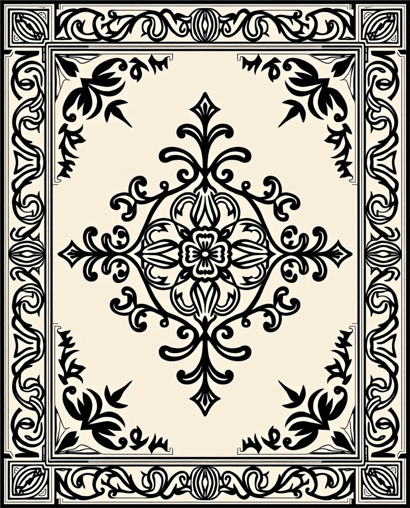 Black Ivroy Ornamental Frame Medallion Rug