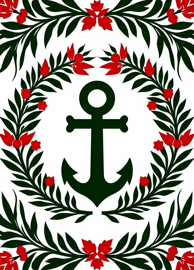 Green Anchor Red Floral Wreath Rug