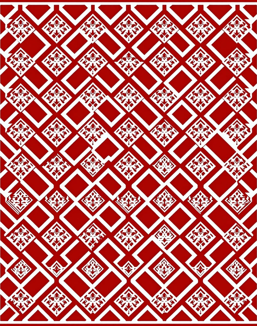 Red White Geometric Diamond Medallion Rug