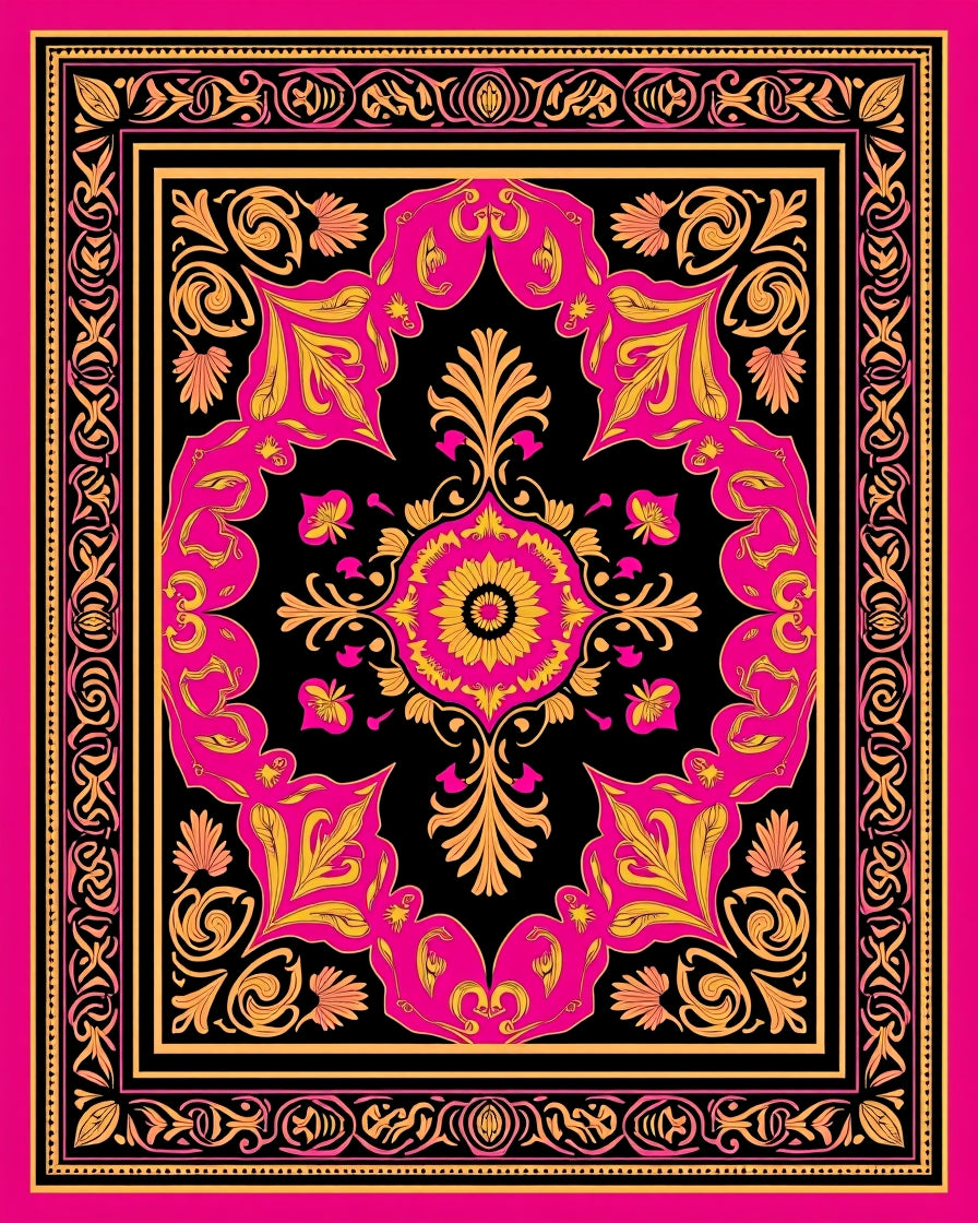 Vibrant Pink Gold Floral Medallion Rug