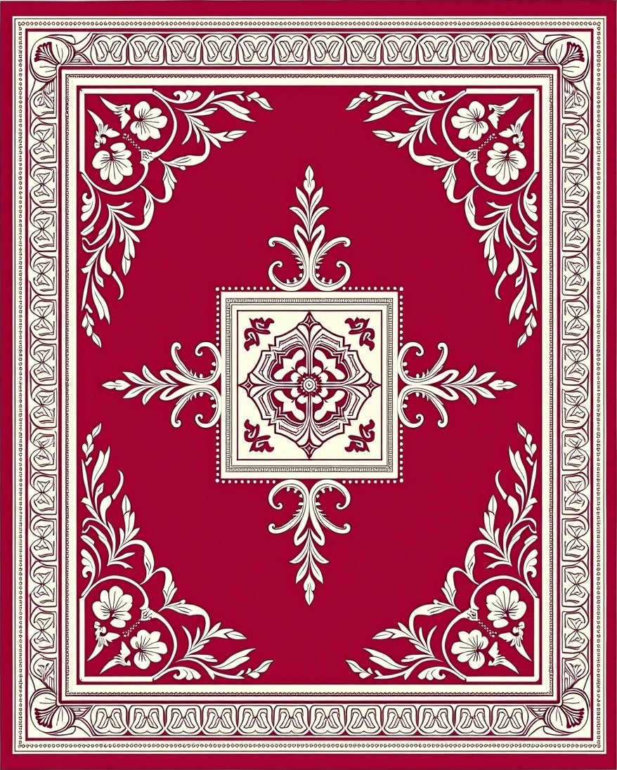 Crimson and Cream Floral Square Medallion Rug
