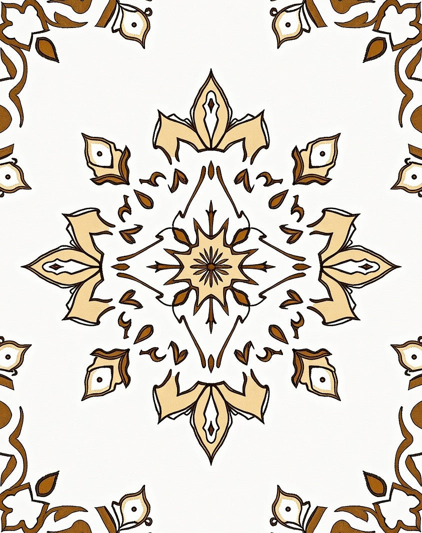 Cream Brown Floral Starburst Mandala Rug