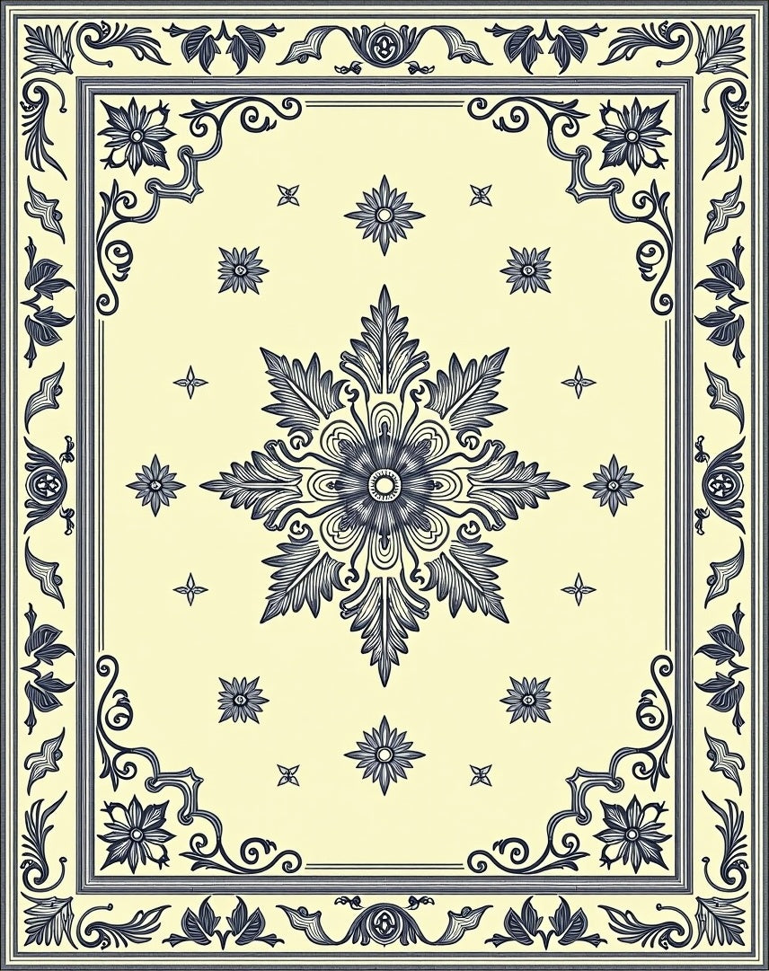 Cream and Navy Floral Medallion Rug
