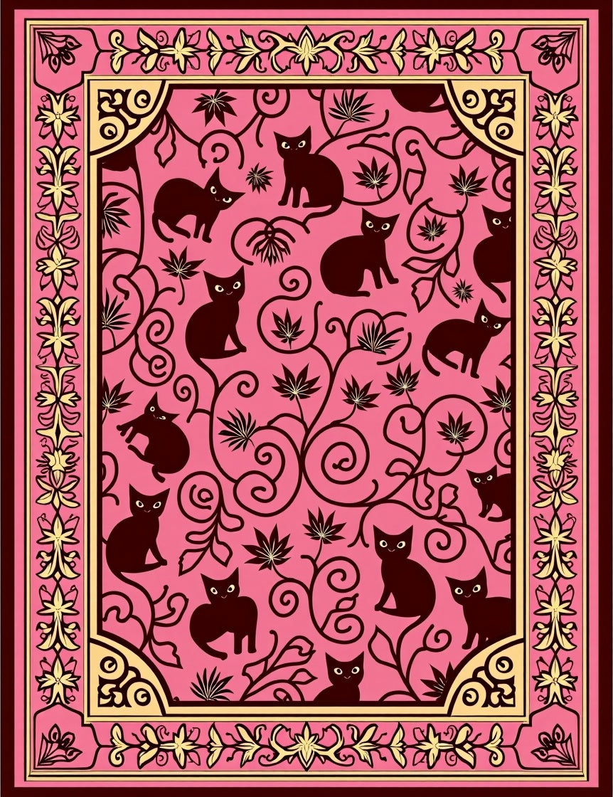 Whimsical Pink Black Cat Floral Rug