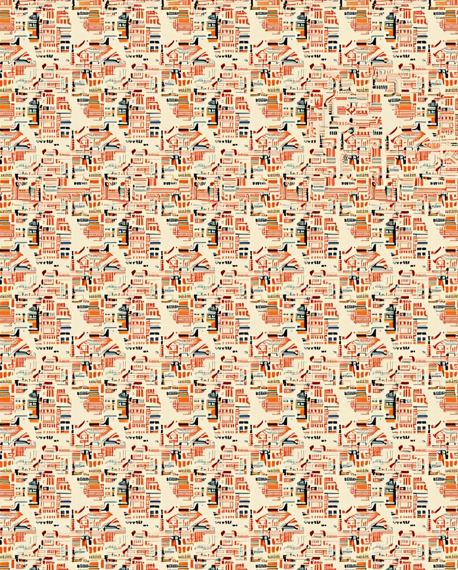 Mid Century Architectural Buildings Orange Cream Rug