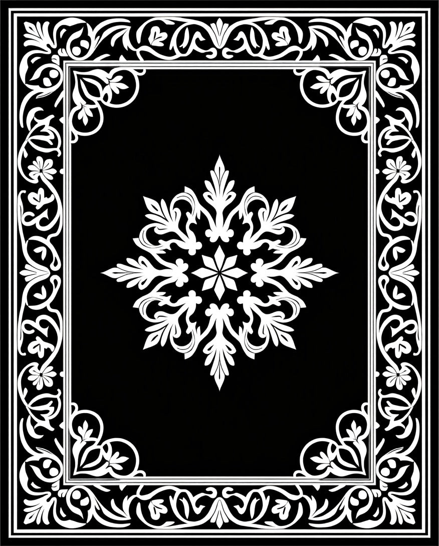 Black White Floral Medallion Border Rug
