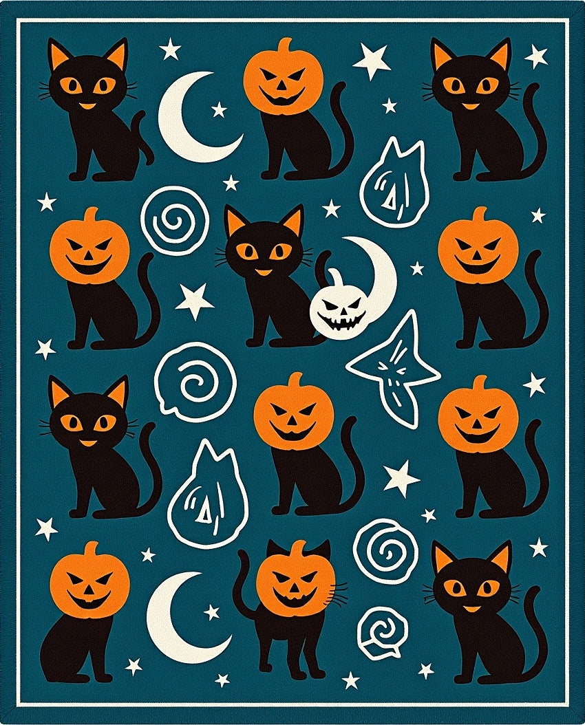 Spooky Black Cats Pumpkin Heads Halloween Rug