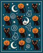 Spooky Black Cats Pumpkin Heads Halloween Rug