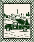 Vintage Green Pickup Truck Village Scene Rug