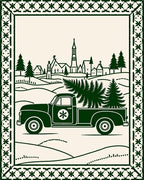 Vintage Green Pickup Truck Village Scene Rug