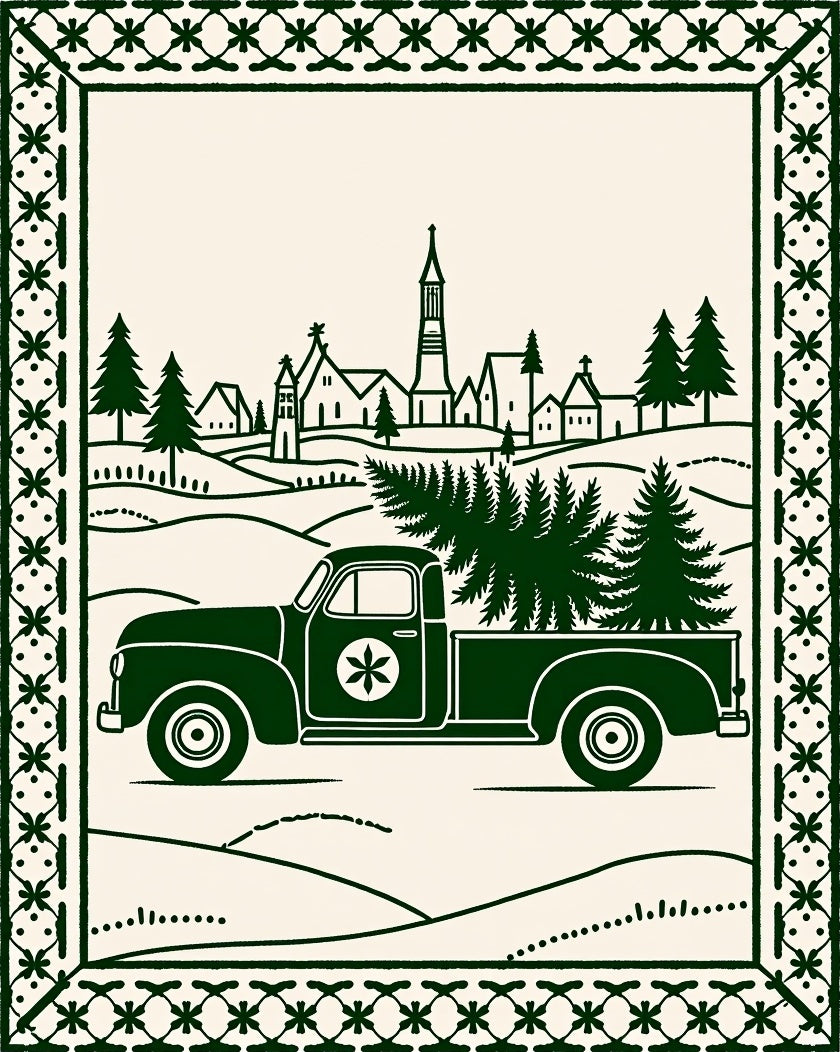 Vintage Green Pickup Truck Village Scene Rug