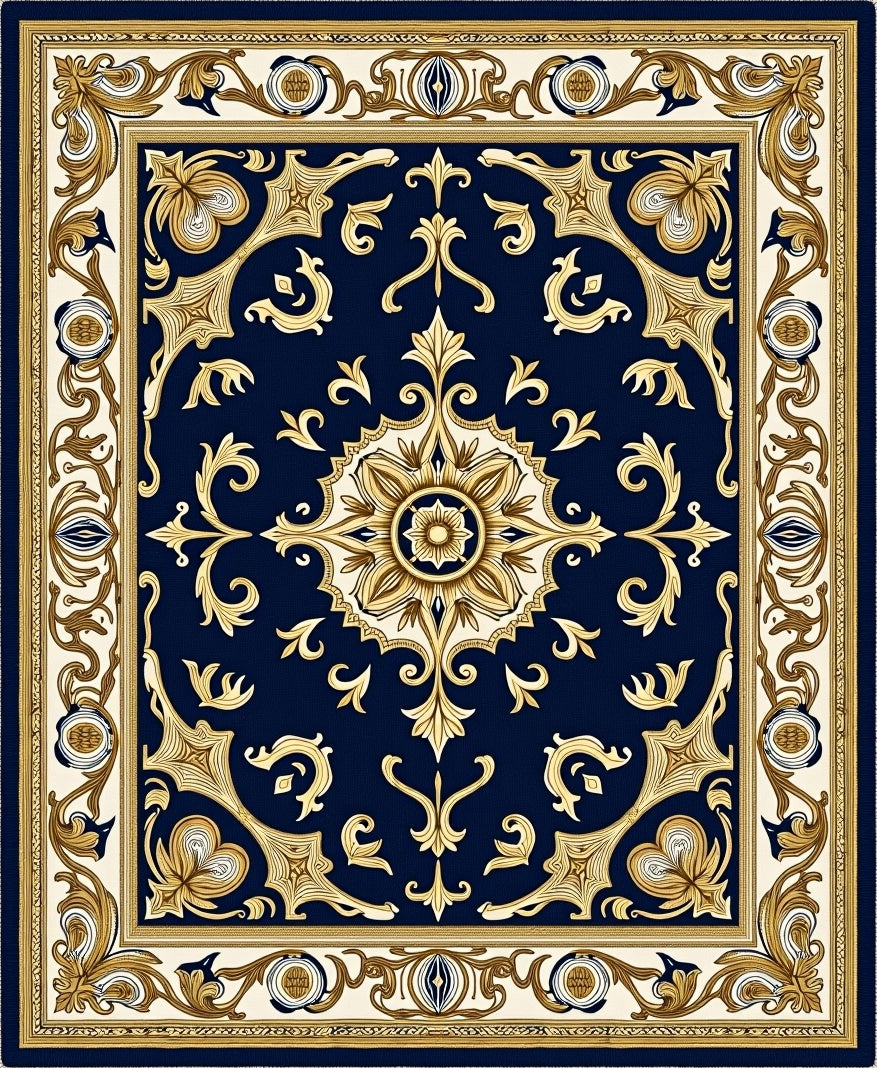 Ornate Navy Gold Medallion Filigree Rug