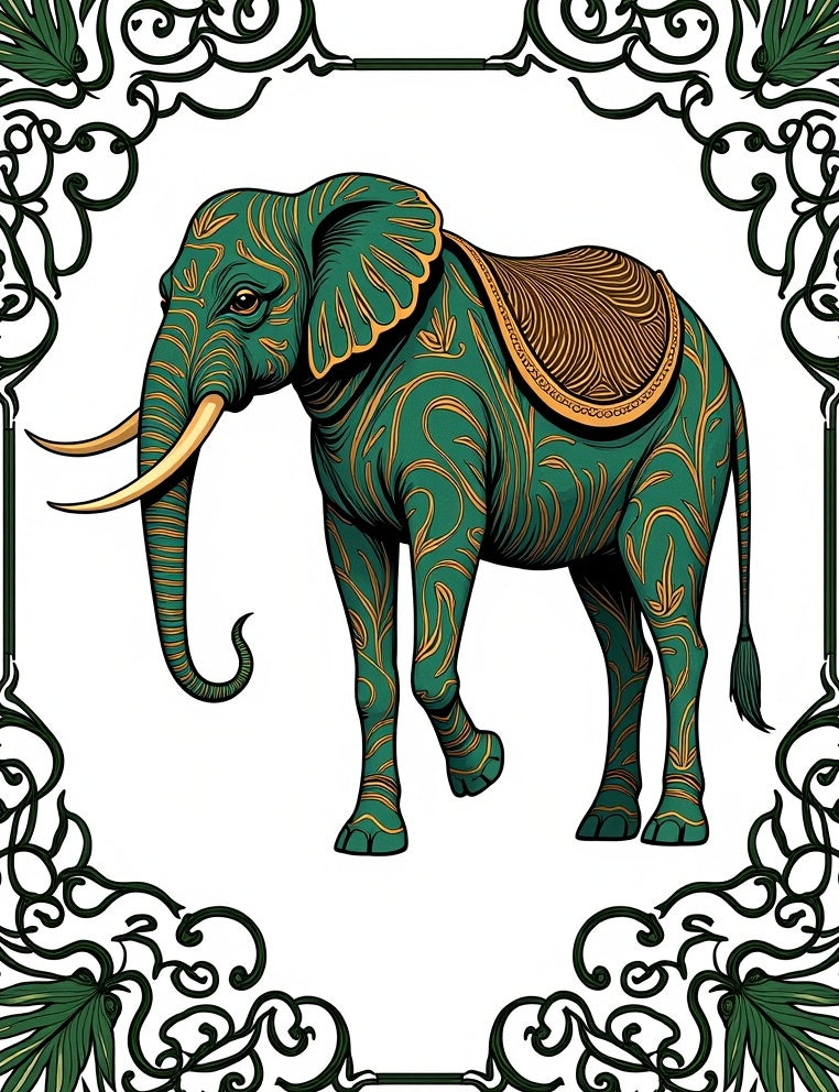 Emerald Elephant With Gold Leaf Swirls Rug
