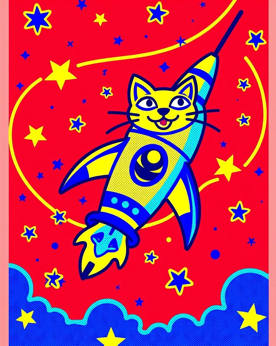 Whimsical Cat Rocket Stars Red Rug