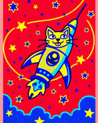 Whimsical Cat Rocket Stars Red Rug
