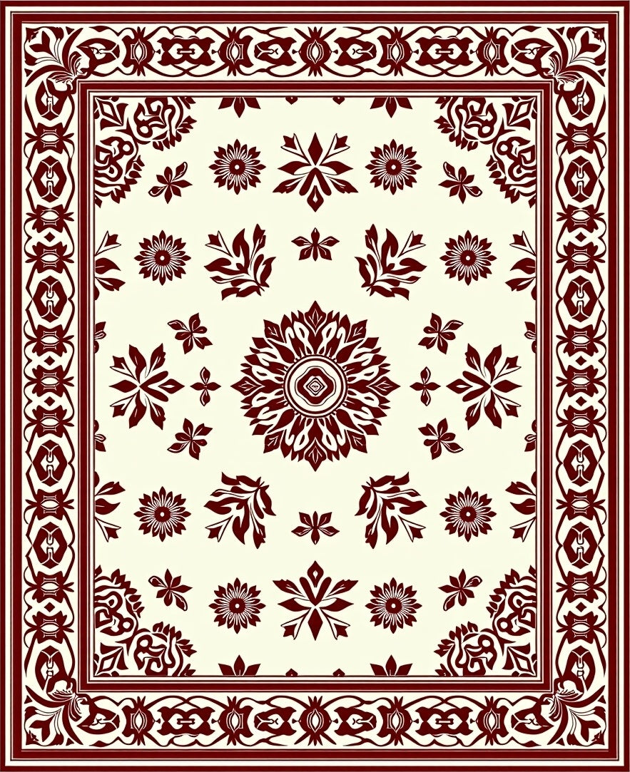 Crimson Floral Medallion Ivory Border Rug