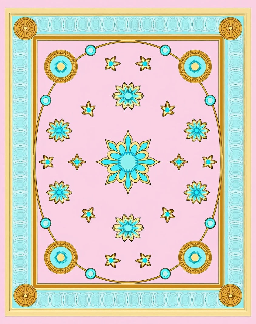 Pink Turquoise Gold Floral Medallion Frame Rug