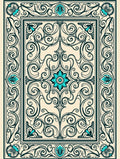 Teal Floral Scrollwork Cream Border Rug