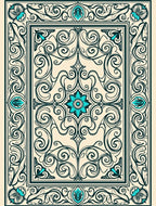 Teal Floral Scrollwork Cream Border Rug