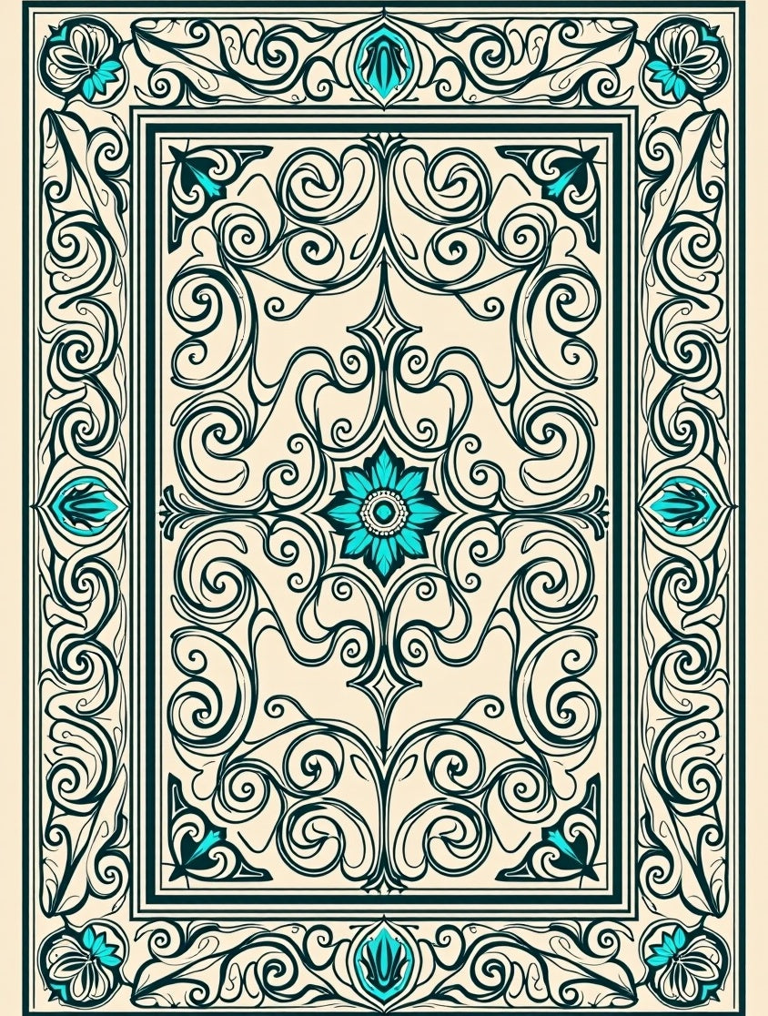 Teal Floral Scrollwork Cream Border Rug