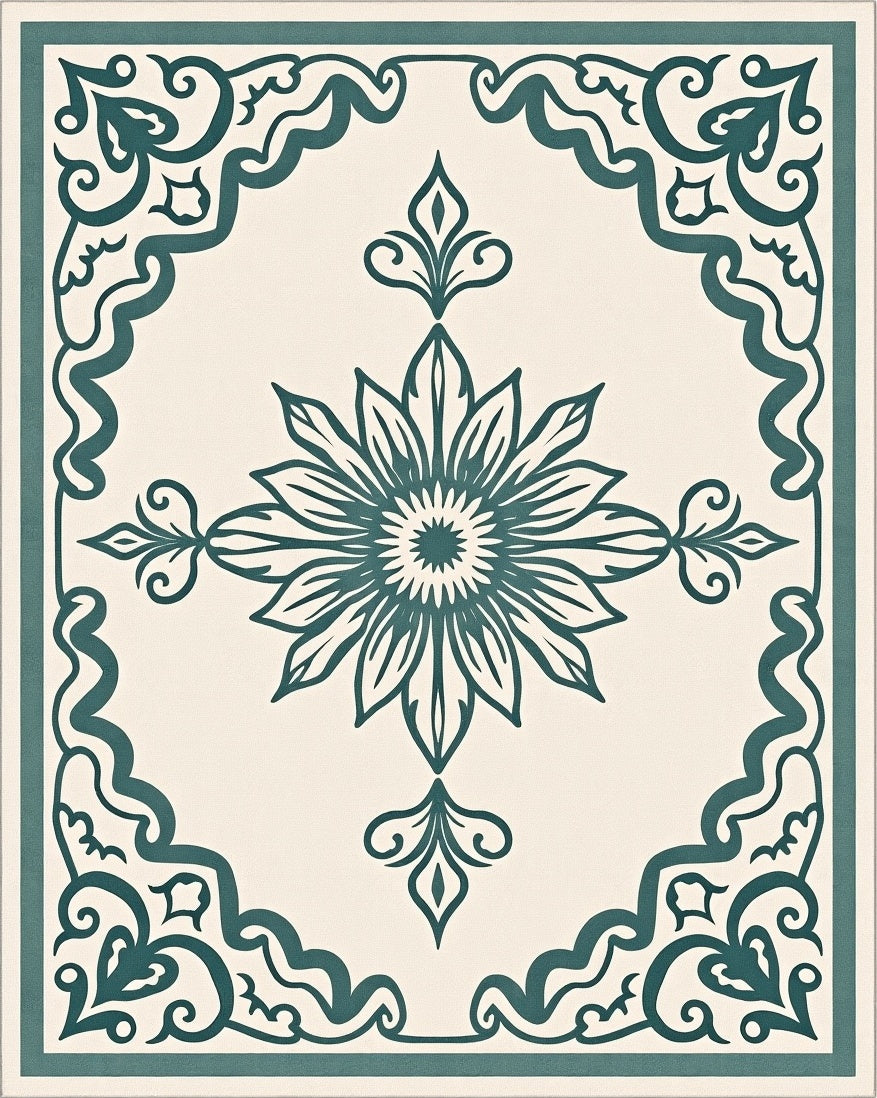 Ornate Teal Floral Centerpiece Border Rug