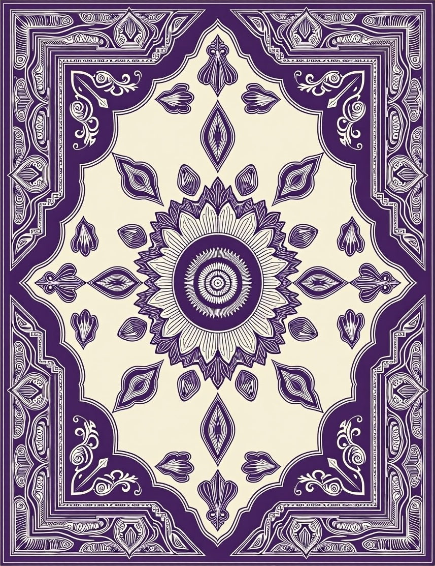 Ornate Purple Sunflower Medallion Border Rug