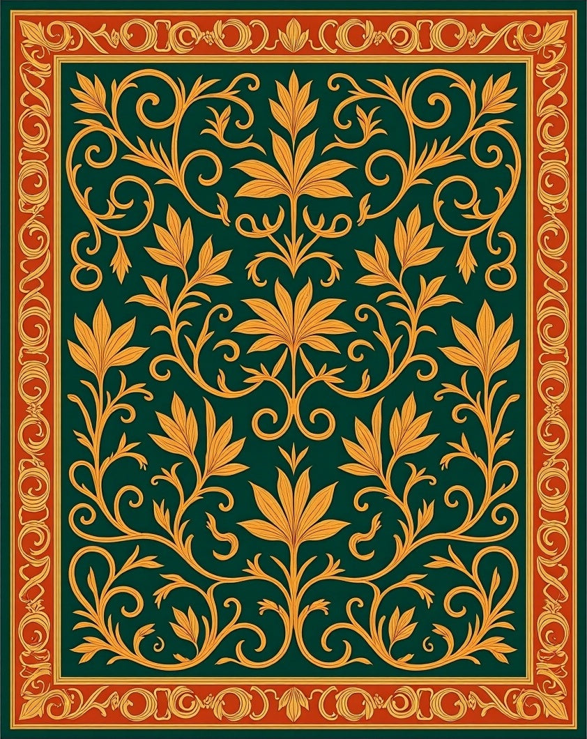 Golden Floral Vines on Dark Emerald Green Rug