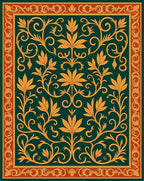 Golden Floral Vines on Dark Emerald Green Rug