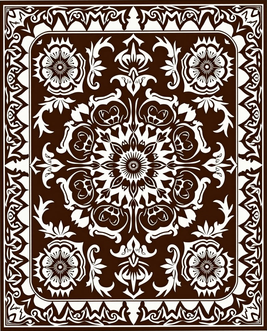 Brown White Ornamental Medallion Rug