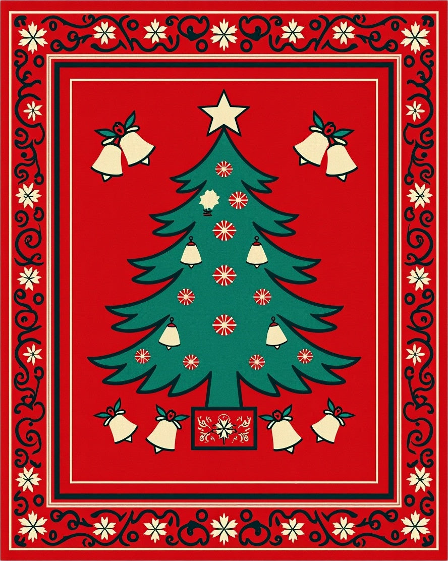 Festive Red Christmas Tree Bell Border Rug