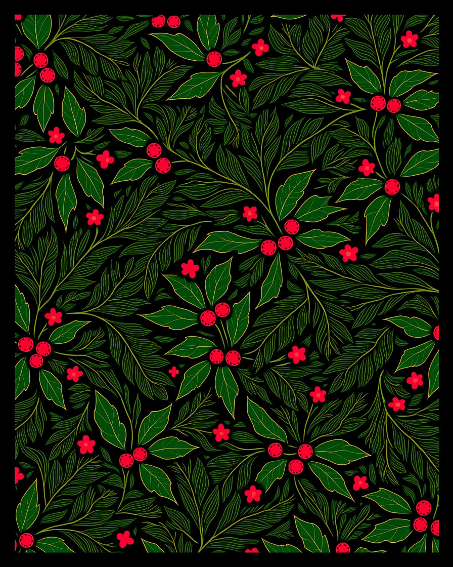 Dark Green Red Berry Holly Garland Rug