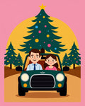 Festive Couple Car Christmas Tree Scene Rug