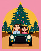Festive Couple Car Christmas Tree Scene Rug
