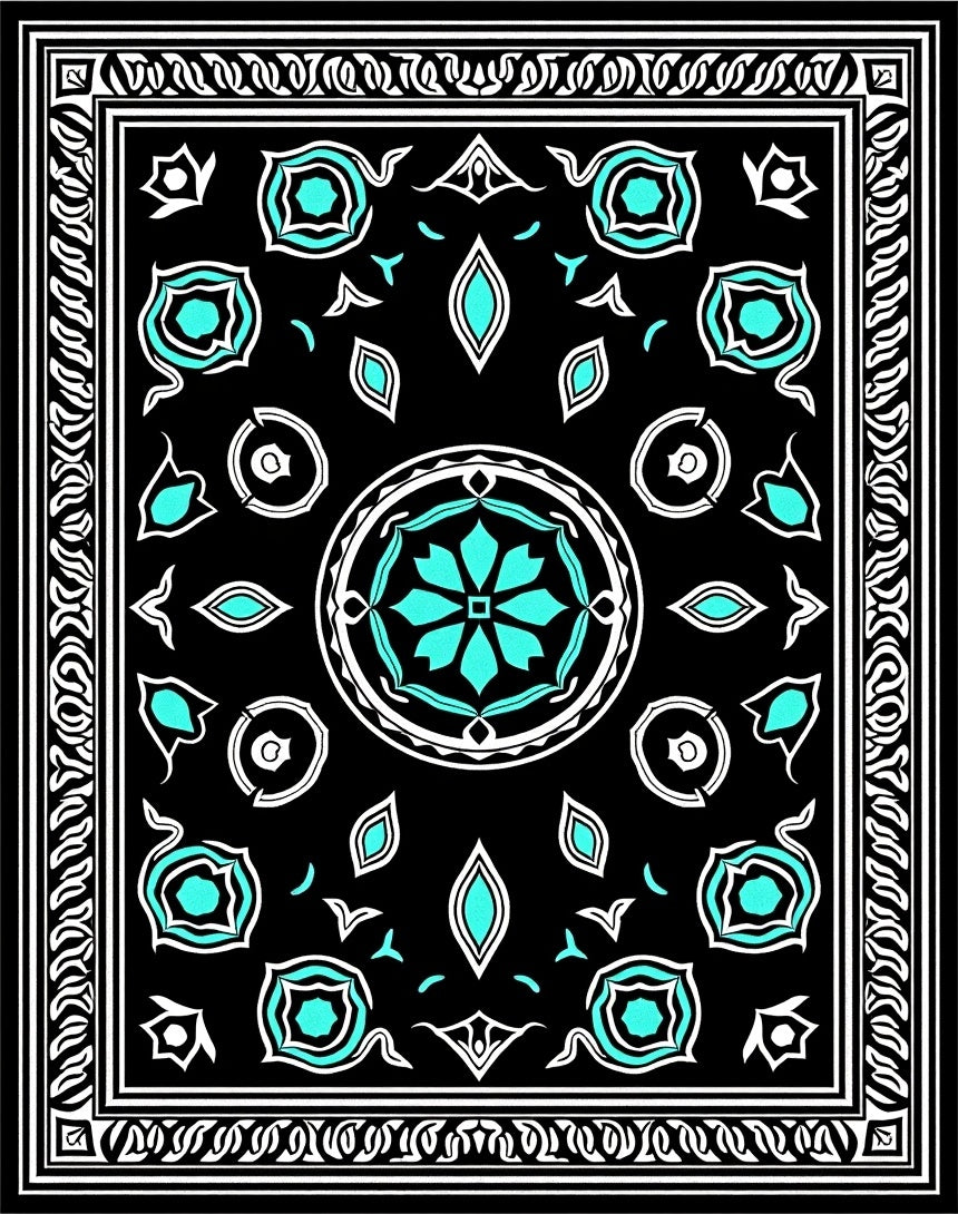 Black Turquoise Floral Medallion Frame Rug