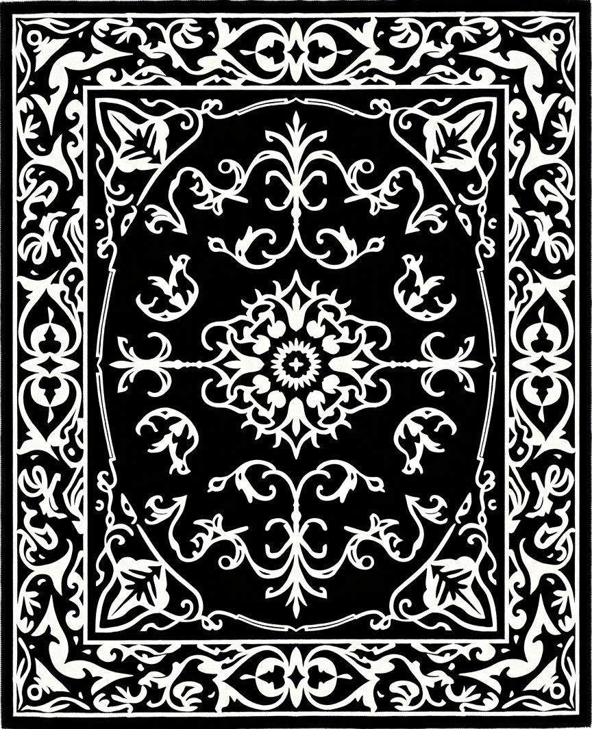 Classic Black White Ornate Medallion Rug