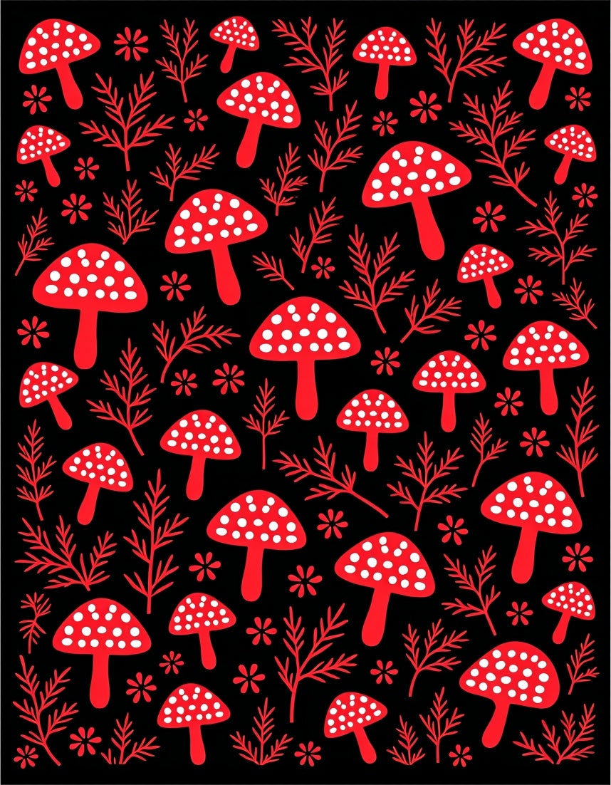 Red Mushroom Forest Foliage Rug